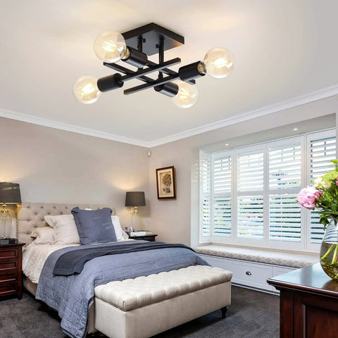 Bedroom with 2 Pack Industrial 4 Light Semi Flush Mount Ceiling Light Fixtures Black Modern Farmhouse Sputnik Style with E26 Base