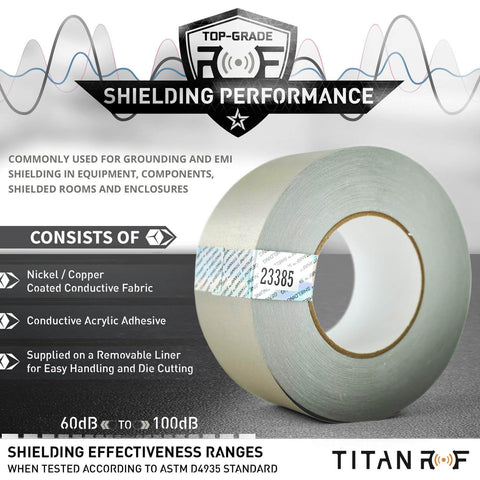 Roll of TitanRF Faraday Shield Tape 2.5 Inch Wide By 10 Feet Long Heavy Duty Conductive Adhesive Tape For EMI And RF Shielding