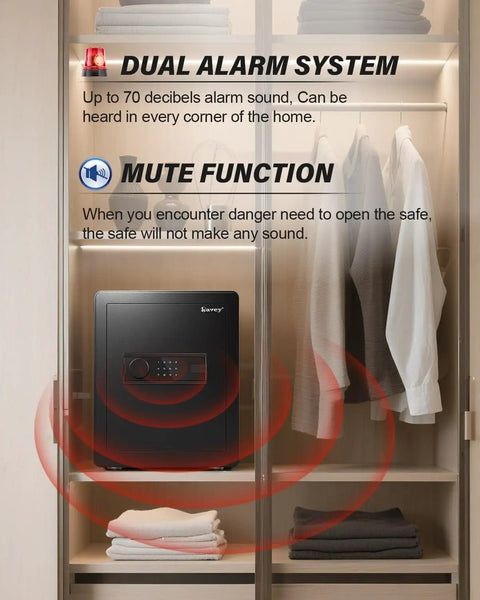 2.0 Cub Safe Box With Backlit Touch Screen Keypad, Dual Alarm System, placed in a closet with clothes and towels