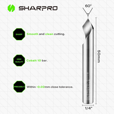 SHARPRO chamfer router bit with 60° V-groove O-flute, carbide, 1/4 inch shank