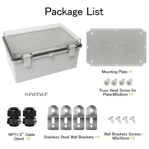 Package contents of IP65 Waterproof Junction Box Enclosure With Hinged Clear Cover, ABS body, mounting plate, and cable glands