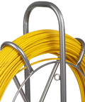 Fiberglass Fish Tape 6Mm 425ft Duct Rodder Cable Puller with steel wheel stand, showing durable yellow fiberglass reel and metal frame.