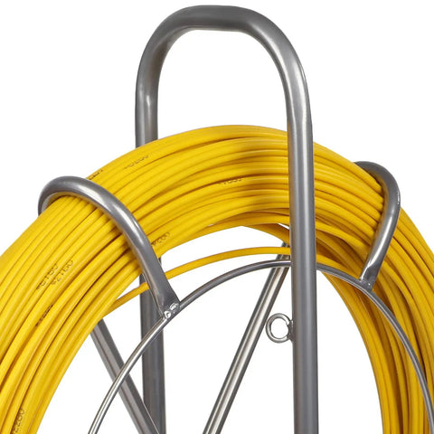 Fiberglass Fish Tape 6Mm 425ft Duct Rodder Cable Puller with steel wheel stand, showing durable yellow fiberglass reel and metal frame.