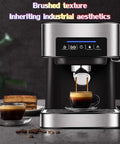Front view of Professional Espresso Machine With Fully Automatic Brew System And Milk Frother, Stainless Steel Commercial Coffee Maker.