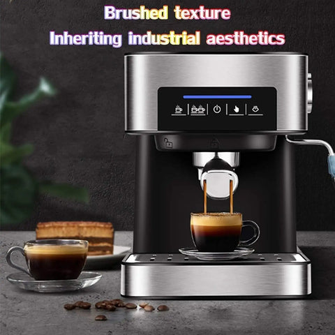 Front view of Professional Espresso Machine With Fully Automatic Brew System And Milk Frother, Stainless Steel Commercial Coffee Maker.