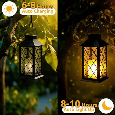 2-Pack 14-Inch Large Tempered Glass Solar Lanterns Outdoor Waterproof Hanging Lights with Realistic Flickering Candles