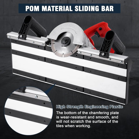 Heavy Duty 43 Degree Electric Tile Bevel Cutter And Chamfering Machine With Built In Water Pump and double handles showing POM sliding bar.