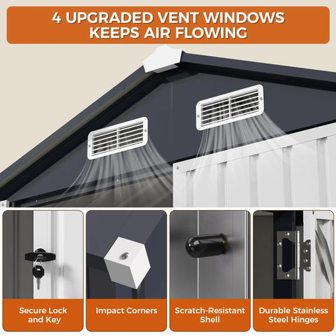Features of Heavy Duty Outdoor Tool Shed With Lockable Doors And Breathable Vent, 10x8 Ft Metal Garden Storage, Dark Blue.