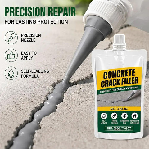 Self Leveling Concrete Crack Filler Waterproof Cement Sealant applied to a crack in concrete, showcasing gray 200g nozzle for repairs.