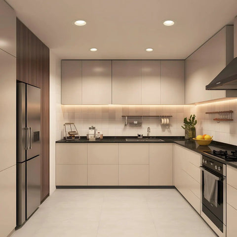 TORCHSTAR 4-Pack 6CCT 6 Inch LED Recessed Lighting Retrofit, Dim to Warm installed in modern kitchen ceiling.