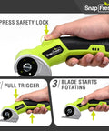 SnapFresh Cordless Electric Scissors With Rechargeable Battery And Self-Sharpening Blades shown in use demonstrating safety lock and trigger.