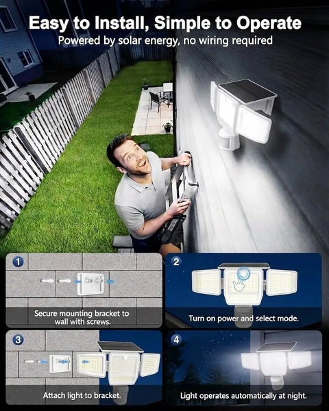 Person installing SZPOWER 6000LM Motion Sensor Outdoor Lights, 4 Heads 3 Modes Solar Flood Lights Outdoor on wall.