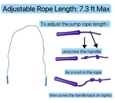Instructions to adjust Colorful Jump Rope Set For Kids And Teens, adjustable length with purple handles for indoor and outdoor fun.