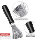 Two In One Hair Brush Cleaning Tool With Dual Sided Brush And Metal Rake showing durable metal tooth and wooden handle