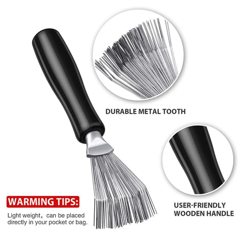 Two In One Hair Brush Cleaning Tool With Dual Sided Brush And Metal Rake showing durable metal tooth and wooden handle