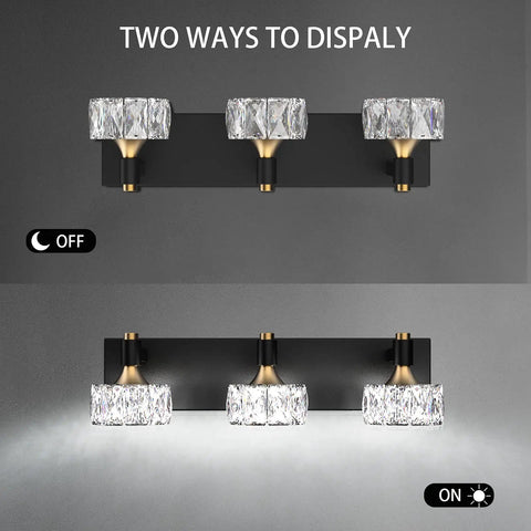Three Light Crystal Bathroom Vanity Light Fixtures Over Mirror Black Modern Dimmable LED Wall Lights for Bathroom 6000K