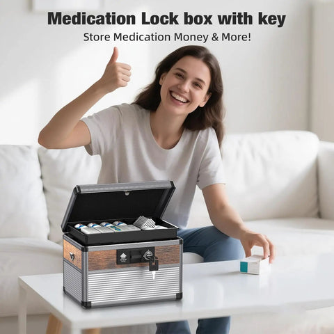 Woman smiling beside Medicine Lock Box With Key Safe For Meds, Aluminum Alloy And MDF Construction, Medium Black Safe Box on table