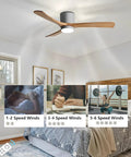 Lysdianpu Nordic Indoor Ceiling Fan Light with wooden blades, remote control, showcasing adjustable wind speeds in a living space.