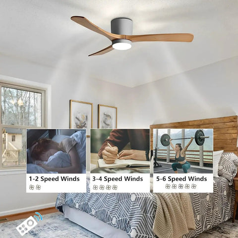 Lysdianpu Nordic Indoor Ceiling Fan Light with wooden blades, remote control, showcasing adjustable wind speeds in a living space.