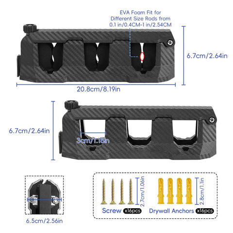 4 Pack Wall Mounted Fishing Rod Holders With EVA Foam For Garage Boat Wall Or Ceiling Storage, Carbon Fiber Texture, screws and anchors shown