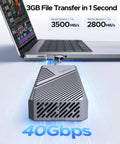 Blazing Fast M.2 NVMe SSD Enclosure With Aluminum Chassis And Stealth Cooling Fan showing data transfer speeds on laptop.