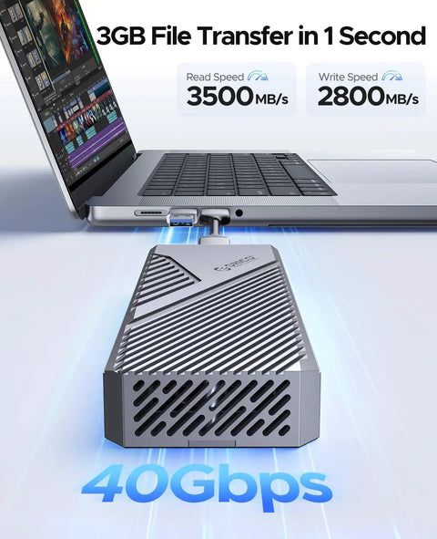 Blazing Fast M.2 NVMe SSD Enclosure With Aluminum Chassis And Stealth Cooling Fan showing data transfer speeds on laptop.