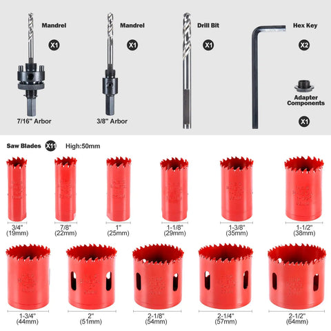 Badass 18 Piece Cobalt Bi Metal Hole Saw Kit That Slices Through Wood Plastic Drywall And Hardened Steel Like Butter Featuring High Concentric Precision Bits, showing 11 saw blades and accessories.