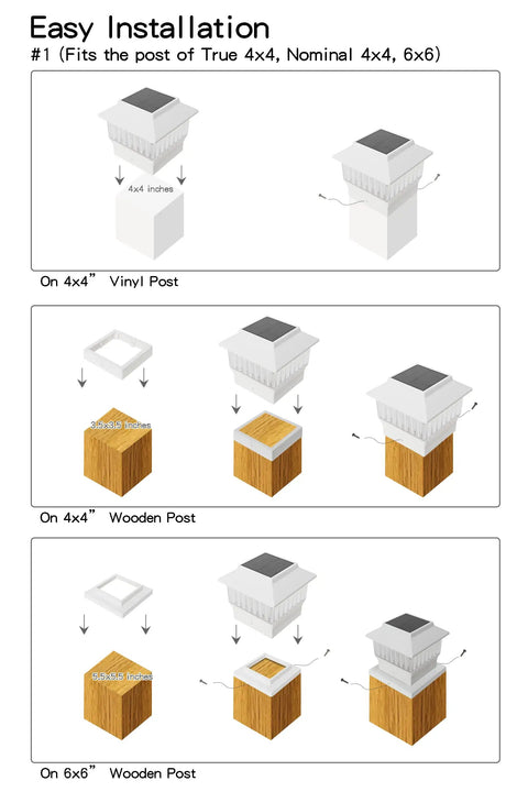 Installation guide for 6 Pack Solar Post Cap Lights For 4x4 Vinyl And 4x4 To 6x6 Wood Posts, showing vinyl and wooden post fitting.