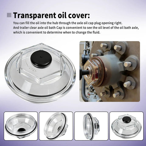Four Piece Oil Bath Hub Cap Set For Dexter Axles 9K 10K 12K 15K With 4 Inch Thread Trailer Axle Hub Bearing Oil Cap 21 36 shown installed