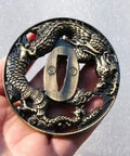 Dragon Pattern Alloy Tsuba Hand Guard For Katana Wakizashi And Tanto Dope Yellow Finish Fits Traditional Koshirae Swords External 85x78 Mm Internal 27x8 Mm About 226 G Lightweight And Ready To Rock.