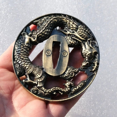 Dragon Pattern Alloy Tsuba Hand Guard For Katana Wakizashi And Tanto Dope Yellow Finish Fits Traditional Koshirae Swords External 85x78 Mm Internal 27x8 Mm About 226 G Lightweight And Ready To Rock.