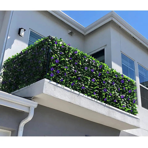 Expandable Faux Ivy Fence Privacy Screen For Balcony And Patio Outdoor Decor with artificial hedges and purple flowers