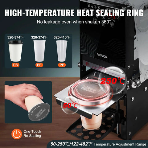 No Fuss Fully Automatic Cup Sealer Pumping Six Hundred Cups Hour With Digital Control Panel sealing cups at 250°C with heat sealing ring.