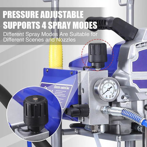 Real Deal Airless Paint Sprayer 1300W Electric House Paint Gun showing adjustable pressure control knob and spray modes.