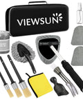 Windshield Cleaner Tool And 13 Piece Car Interior Cleaning Kit with brushes, gel, towels, and carry bag for indoor car surfaces.
