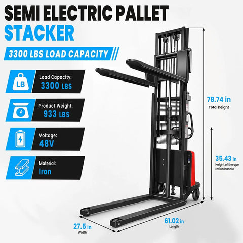 Heavy Duty Electric Pallet Stacker With Tough As Nails Carbon Steel Frame And 3300 Lb Capacity powered by a 48V motor, showing load capacity and dimensions.