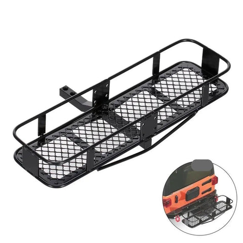 Heavy Duty Metal Rear Bumper With Integrated Tow Hitch For 1/10 RC Crawler Beefed Up Trail Defense Kit top view showing black steel mesh design.