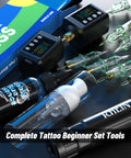 Rotary Tattoo Gun Pen Kit Complete Starter Set With Two Wireless Power Supplies, Ten Sterilized Cartridges, Accessories Displayed