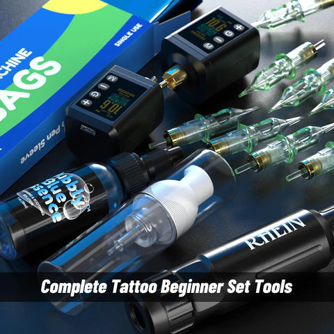 Rotary Tattoo Gun Pen Kit Complete Starter Set With Two Wireless Power Supplies, Ten Sterilized Cartridges, Accessories Displayed