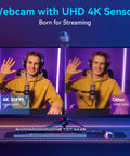Next Level 4K Webcam Featuring Sony Sensor And Smart Autofocus For Streamers And Content Creators Boasting 1080p At 60fps on a monitor showing comparison.