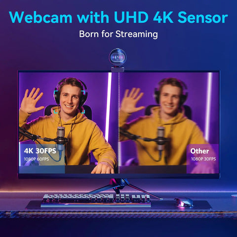 Next Level 4K Webcam Featuring Sony Sensor And Smart Autofocus For Streamers And Content Creators Boasting 1080p At 60fps on a monitor showing comparison.