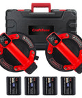 Two red electric suction cups and four batteries in front of a carrying case. Hands Free Electric Suction Cups Lifter For Glass And Tile 600 Lbs Max Load 8 Inch Heavy Duty Suction System With One Touch Vacuum Digital Display And 4x 3000mAh Batteries For Granite Metal.
