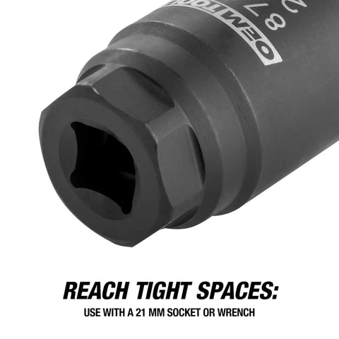 Close-up of Three Eighths Drive Torque Limiting Adapter For Oil Filter Canister Caps Turns Your Ratchet Into A Tight Precise Torque Wrench And Limits Torque To Twenty Five Nm And Works With Twenty One Millimeter Sockets