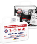 Bleeding control kit, front view, 10-piece, white case with red label; includes tourniquet, gauze, chest seal.