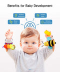Kickass Infant Sensory Play Kit Featuring Ultra Bright Wrist Rattles And Comfy Foot Finder Socks Crafted For Teething Toddlers Ages 0 To 12 Months is shown with a baby and colorful rattles.