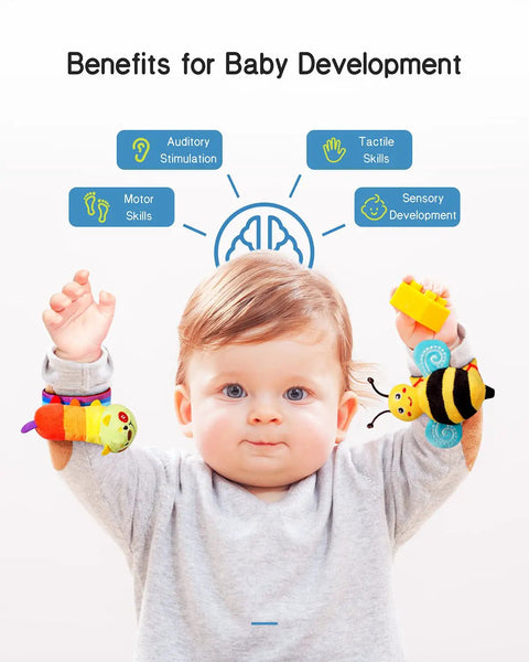 Kickass Infant Sensory Play Kit Featuring Ultra Bright Wrist Rattles And Comfy Foot Finder Socks Crafted For Teething Toddlers Ages 0 To 12 Months is shown with a baby and colorful rattles.