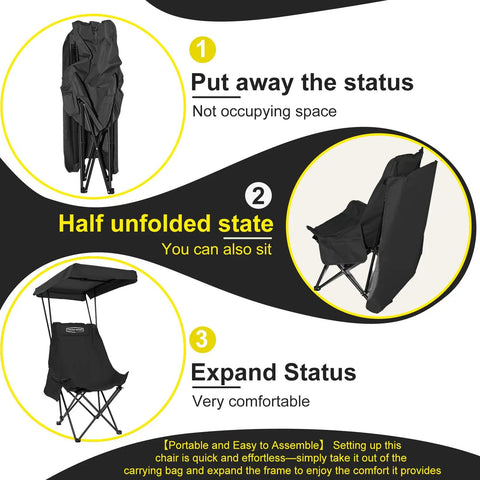 Portable Camping Chair With Adjustable Shade Canopy, Lightweight Oversized Folding Beach Chair steps from folded to expanded