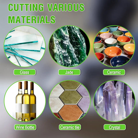 Various materials cut by Four And A Half Inch Diamond Tile Cutter Blade For Angle Grinder Porcelain Ceramic Glass Marble And Wine Bottles.