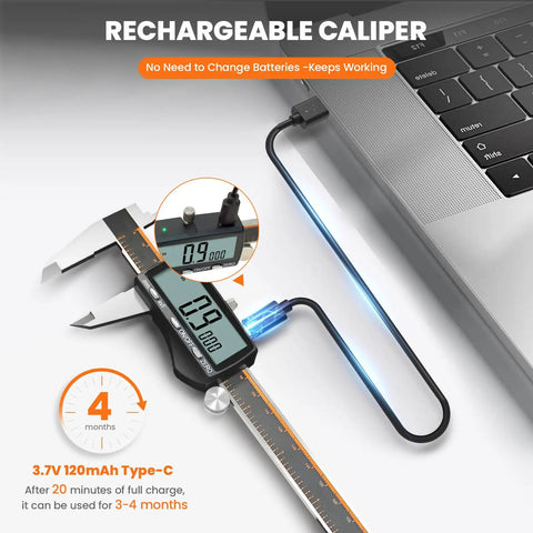Rechargeable Digital Caliper 0 To 8 Inch With Large LCD Screen Inch Millimeter Fraction Readouts Stainless Steel Body Auto Off Power Save Vernier Caliper Digital Micrometer For Precise Measurements connected to laptop with USB cable
