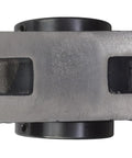 Top view of a silver metal pillow block bearing with two elongated bolt slots.